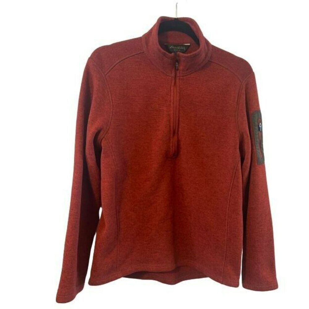 Eddie Bauer Mens M Orange Sweater Fleece Quarter-Zip Pullover sleeve pocket